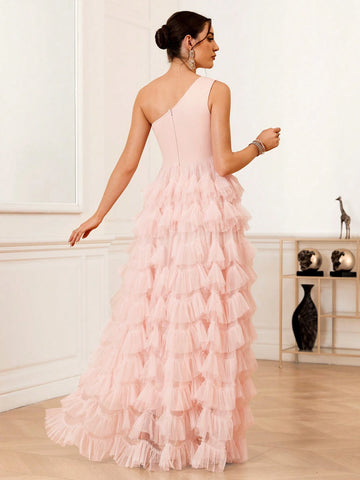 Elegant And Romantic Oblique Shoulder Multi-Layered Ruffle Edge Wedding Dress