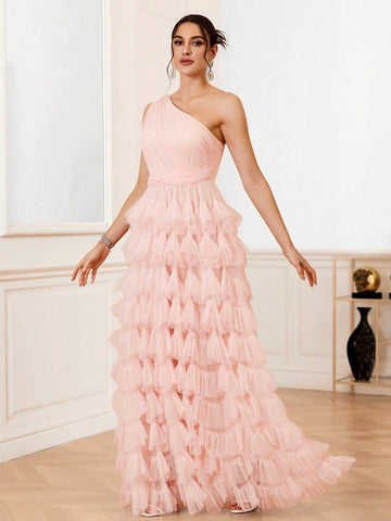 Elegant And Romantic Oblique Shoulder Multi-Layered Ruffle Edge Wedding Dress