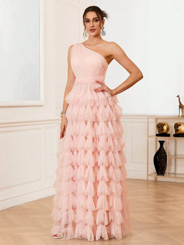 Elegant And Romantic Oblique Shoulder Multi-Layered Ruffle Edge Wedding Dress