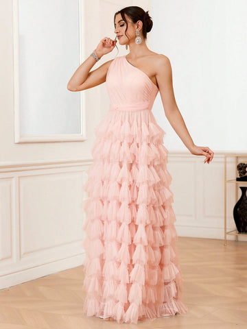 Elegant And Romantic Oblique Shoulder Multi-Layered Ruffle Edge Wedding Dress