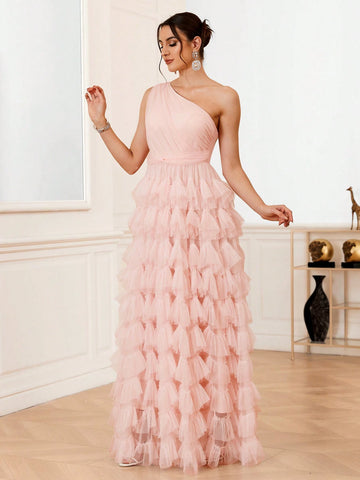 Elegant And Romantic Oblique Shoulder Multi-Layered Ruffle Edge Wedding Dress