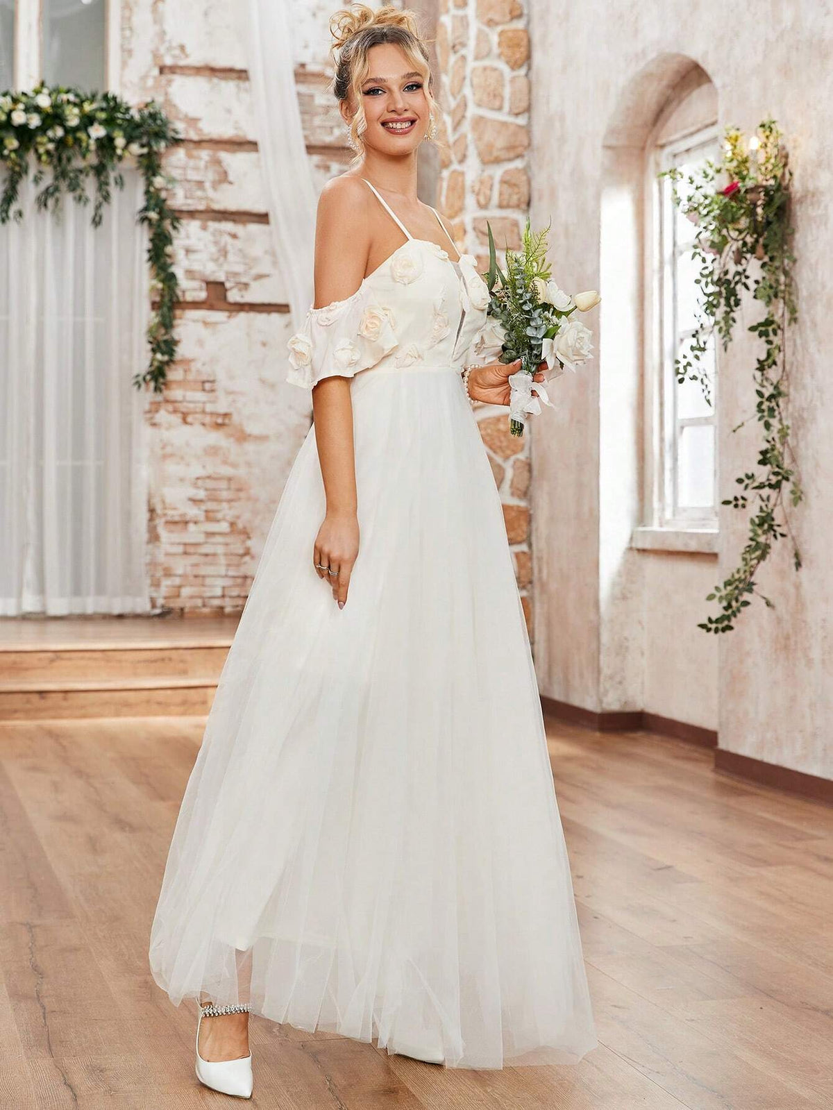 Elegant And Romantic Off-Shoulder Cami Wedding Dress With 3d Floral Decorations And Tulle Overlay