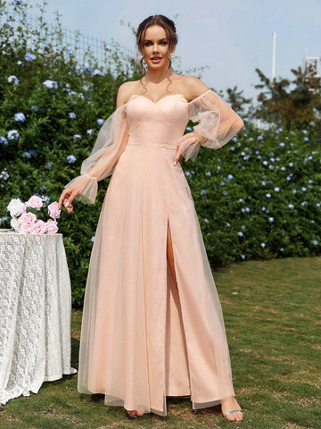 Elegant And Romantic Pearl Blush-Colored With See-Through Mesh Fabric One-Shoulder  Activities, Wedding Season, Wedding Events, Mother's Day, Holidays, Ramadan Iftar Dresses, Large And Small Sister Dresses, Occasion Formal Bridesmaid Dress