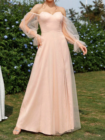 Elegant And Romantic Pearl Blush-Colored With See-Through Mesh Fabric One-Shoulder  Activities, Wedding Season, Wedding Events, Mother's Day, Holidays, Ramadan Iftar Dresses, Large And Small Sister Dresses, Occasion Formal Bridesmaid Dress