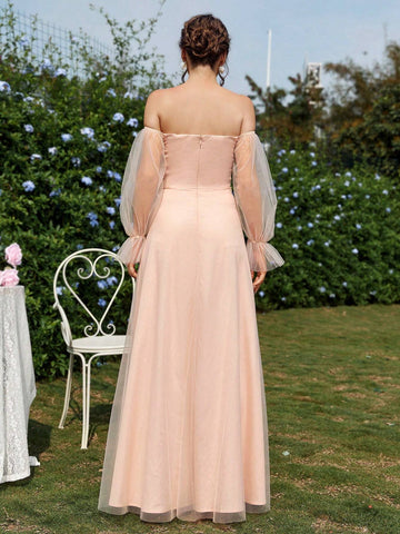 Elegant And Romantic Pearl Blush-Colored With See-Through Mesh Fabric One-Shoulder  Activities, Wedding Season, Wedding Events, Mother's Day, Holidays, Ramadan Iftar Dresses, Large And Small Sister Dresses, Occasion Formal Bridesmaid Dress