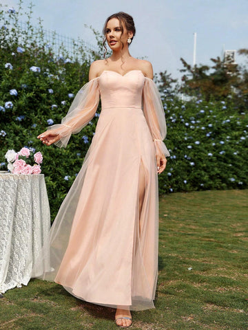 Elegant And Romantic Pearl Blush-Colored With See-Through Mesh Fabric One-Shoulder  Activities, Wedding Season, Wedding Events, Mother's Day, Holidays, Ramadan Iftar Dresses, Large And Small Sister Dresses, Occasion Formal Bridesmaid Dress