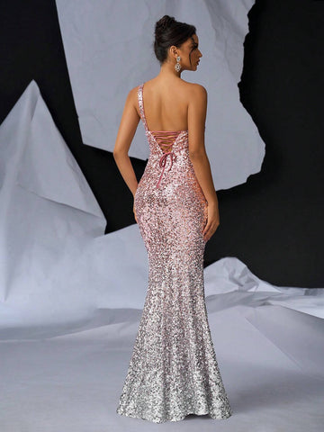 Elegant And Romantic Pink Gradient Evening Dress, With Fine Sparkling Slim Fit, And Backless With Tie. Perfect For Cocktail Party, Dating, Graduation, Wedding, Formal Occasion, Dinner, And Ball.