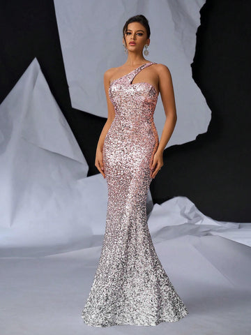 Elegant And Romantic Pink Gradient Evening Dress, With Fine Sparkling Slim Fit, And Backless With Tie. Perfect For Cocktail Party, Dating, Graduation, Wedding, Formal Occasion, Dinner, And Ball.