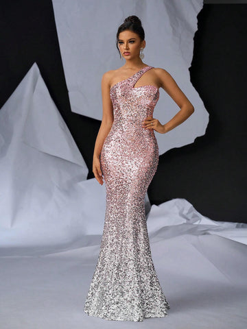Elegant And Romantic Pink Gradient Evening Dress, With Fine Sparkling Slim Fit, And Backless With Tie. Perfect For Cocktail Party, Dating, Graduation, Wedding, Formal Occasion, Dinner, And Ball.