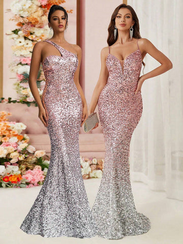 Elegant And Romantic Pink Gradient Evening Dress, With Fine Sparkling Slim Fit, And Backless With Tie. Perfect For Cocktail Party, Dating, Graduation, Wedding, Formal Occasion, Dinner, And Ball.