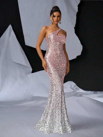 Elegant And Romantic Pink Gradient Evening Dress, With Fine Sparkling Slim Fit, And Backless With Tie. Perfect For Cocktail Party, Dating, Graduation, Wedding, Formal Occasion, Dinner, And Ball.