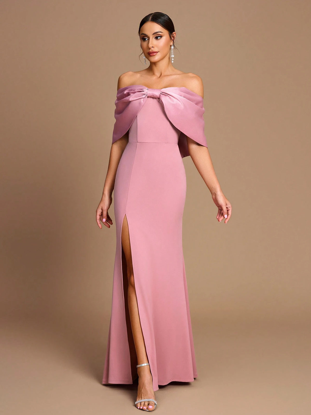 Elegant And Romantic Pink One-Shoulder Large Bow Sleeves Slim Fishtail High Slit Suitable For Date Wedding Event Bridesmaid Dress
