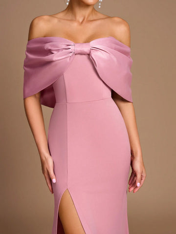 Elegant And Romantic Pink One-Shoulder Large Bow Sleeves Slim Fishtail High Slit Suitable For Date Wedding Event Bridesmaid Dress