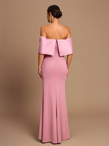 Elegant And Romantic Pink One-Shoulder Large Bow Sleeves Slim Fishtail High Slit Suitable For Date Wedding Event Bridesmaid Dress