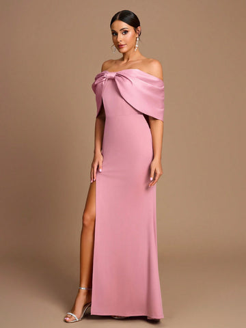 Elegant And Romantic Pink One-Shoulder Large Bow Sleeves Slim Fishtail High Slit Suitable For Date Wedding Event Bridesmaid Dress
