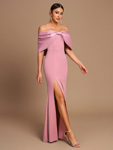 Elegant And Romantic Pink One-Shoulder Large Bow Sleeves Slim Fishtail High Slit Suitable For Date Wedding Event Bridesmaid Dress