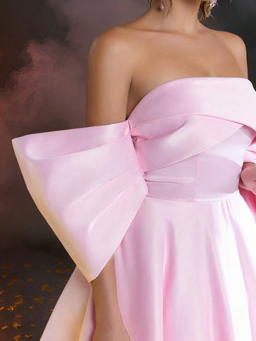 Elegant And Romantic Pink Satin Bow Three-Dimensional Sleeve Waist Party Prom Dress