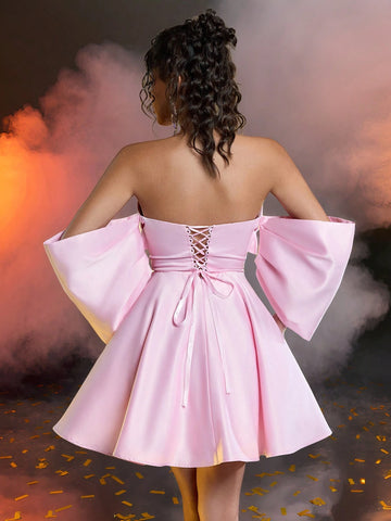 Elegant And Romantic Pink Satin Bow Three-Dimensional Sleeve Waist Party Prom Dress
