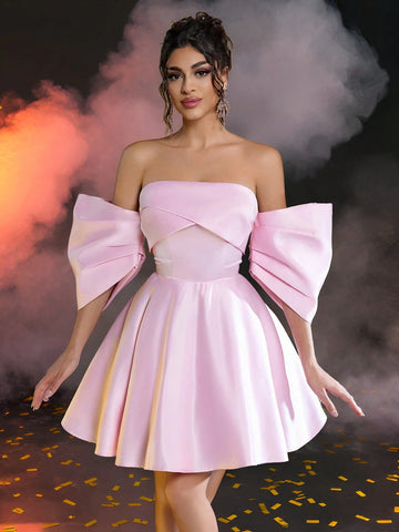 Elegant And Romantic Pink Satin Bow Three-Dimensional Sleeve Waist Party Prom Dress