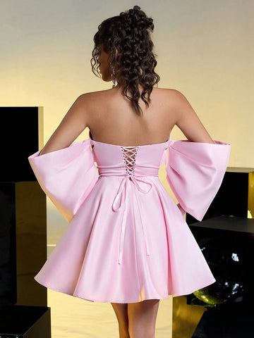 Elegant And Romantic Pink Satin Bow Three-Dimensional Sleeve Waist Party Prom Dress