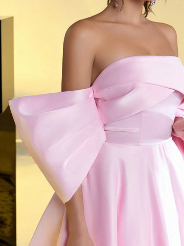 Elegant And Romantic Pink Satin Bow Three-Dimensional Sleeve Waist Party Prom Dress