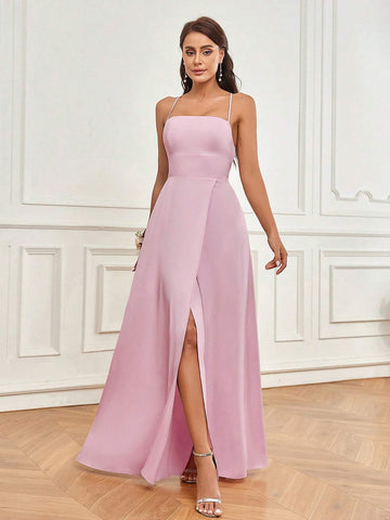 Elegant And Romantic Pink Satin Fabric Sling Wraps The Chest And Back With Cross Straps And Beautiful Back A-Shaped Skirt High Side Slits Spaghetti Straps, Elegant And Romantic Women's Suitable For Holiday Banquet Dress Adult Elegant Bridesmaid Dress