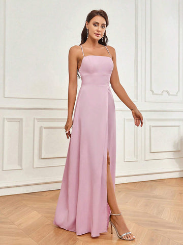 Elegant And Romantic Pink Satin Fabric Sling Wraps The Chest And Back With Cross Straps And Beautiful Back A-Shaped Skirt High Side Slits Spaghetti Straps, Elegant And Romantic Women's Suitable For Holiday Banquet Dress Adult Elegant Bridesmaid Dress