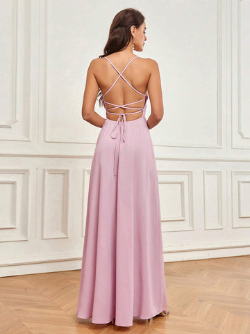 Elegant And Romantic Pink Satin Fabric Sling Wraps The Chest And Back With Cross Straps And Beautiful Back A-Shaped Skirt High Side Slits Spaghetti Straps, Elegant And Romantic Women's Suitable For Holiday Banquet Dress Adult Elegant Bridesmaid Dress