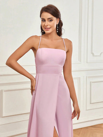 Elegant And Romantic Pink Satin Fabric Sling Wraps The Chest And Back With Cross Straps And Beautiful Back A-Shaped Skirt High Side Slits Spaghetti Straps, Elegant And Romantic Women's Suitable For Holiday Banquet Dress Adult Elegant Bridesmaid Dress