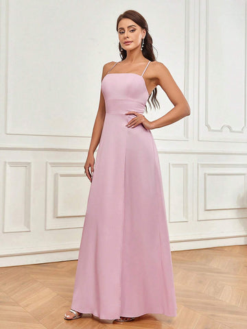 Elegant And Romantic Pink Satin Fabric Sling Wraps The Chest And Back With Cross Straps And Beautiful Back A-Shaped Skirt High Side Slits Spaghetti Straps, Elegant And Romantic Women's Suitable For Holiday Banquet Dress Adult Elegant Bridesmaid Dress