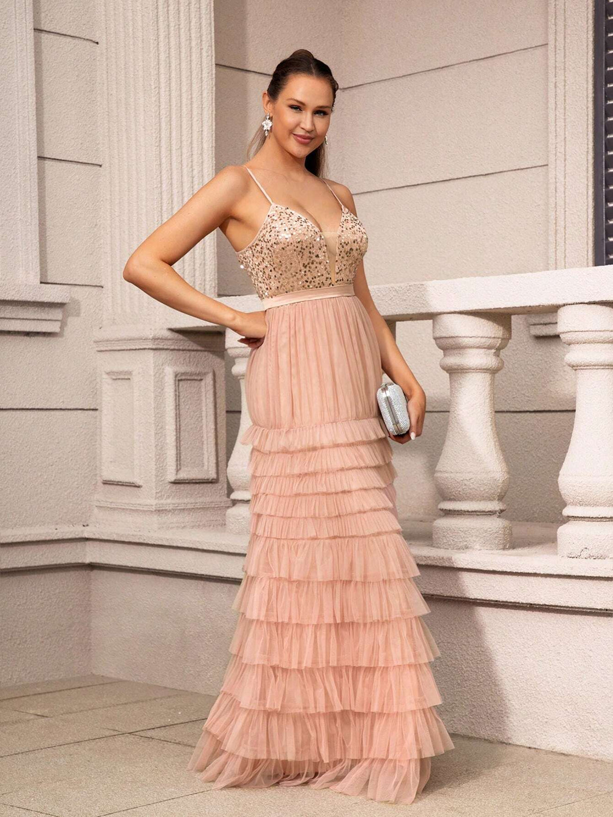 Elegant And Romantic Pink Suspender Chest Cup Sequin Collar Decoration High Waist Slim Inlaid Heavy Industry Multi-Layer Pagoda Skirt Carnival Party Graduation Ceremony Wedding Event Heavy Industry Dinner Dress