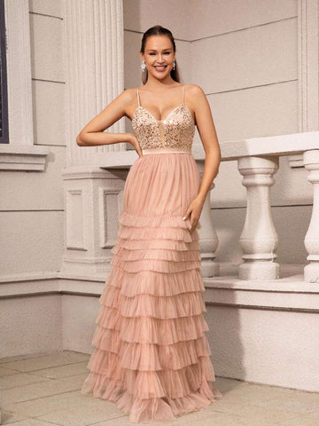 Elegant And Romantic Pink Suspender Chest Cup Sequin Collar Decoration High Waist Slim Inlaid Heavy Industry Multi-Layer Pagoda Skirt Carnival Party Graduation Ceremony Wedding Event Heavy Industry Dinner Dress