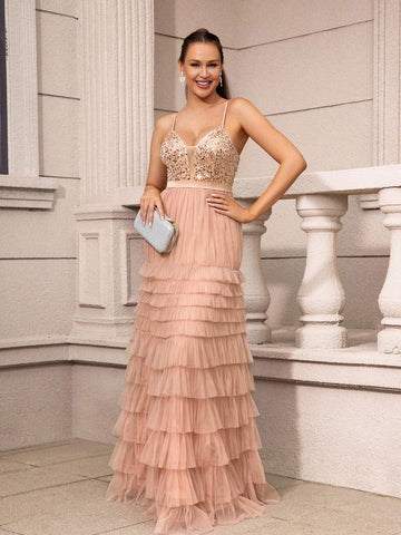 Elegant And Romantic Pink Suspender Chest Cup Sequin Collar Decoration High Waist Slim Inlaid Heavy Industry Multi-Layer Pagoda Skirt Carnival Party Graduation Ceremony Wedding Event Heavy Industry Dinner Dress