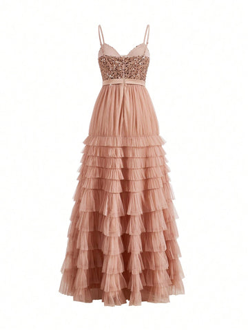 Elegant And Romantic Pink Suspender Chest Cup Sequin Collar Decoration High Waist Slim Inlaid Heavy Industry Multi-Layer Pagoda Skirt Carnival Party Graduation Ceremony Wedding Event Heavy Industry Dinner Dress