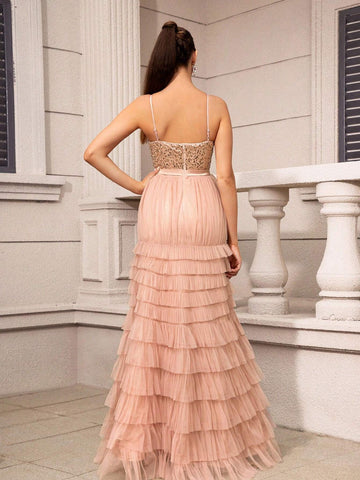 Elegant And Romantic Pink Suspender Chest Cup Sequin Collar Decoration High Waist Slim Inlaid Heavy Industry Multi-Layer Pagoda Skirt Carnival Party Graduation Ceremony Wedding Event Heavy Industry Dinner Dress