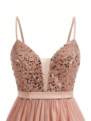 Elegant And Romantic Pink Suspender Chest Cup Sequin Collar Decoration High Waist Slim Inlaid Heavy Industry Multi-Layer Pagoda Skirt Carnival Party Graduation Ceremony Wedding Event Heavy Industry Dinner Dress