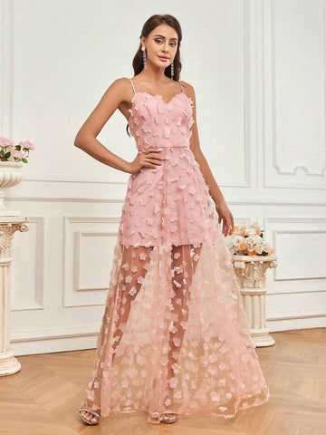Elegant And Romantic Pink Suspender Skirt Semi-See-Through Small Mother's Day, Music Festival, Ramadan Holiday Banquet Dress Adult Elegant Bridesmaid Dress
