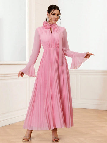 Elegant And Romantic Pleated 3d Flower Bridesmaid Dress