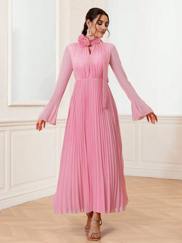 Elegant And Romantic Pleated 3d Flower Bridesmaid Dress