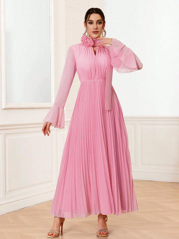 Elegant And Romantic Pleated 3d Flower Bridesmaid Dress