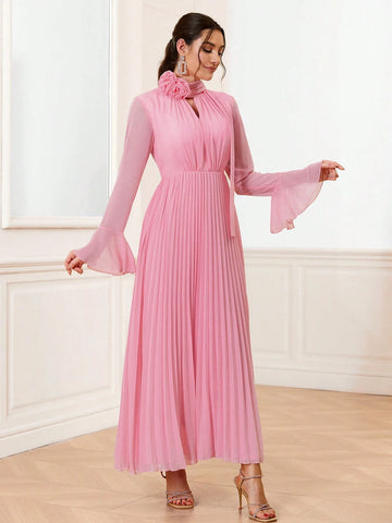 Elegant And Romantic Pleated 3d Flower Bridesmaid Dress