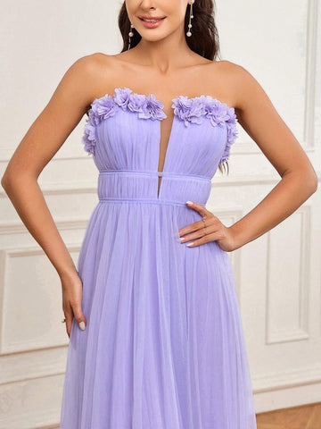 Elegant And Romantic Purple Embroidered 3D Floral Mesh Strapless Neckline And Pleated Flowing Tulle Hem Dress Suitable For Wedding Holiday Gift Holiday Party Ramadan Graduation Season Adult Bridesmaid Dress