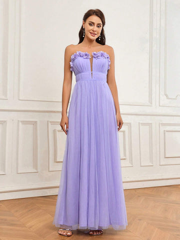 Elegant And Romantic Purple Embroidered 3D Floral Mesh Strapless Neckline And Pleated Flowing Tulle Hem Dress Suitable For Wedding Holiday Gift Holiday Party Ramadan Graduation Season Adult Bridesmaid Dress