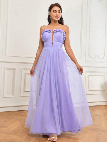 Elegant And Romantic Purple Embroidered 3D Floral Mesh Strapless Neckline And Pleated Flowing Tulle Hem Dress Suitable For Wedding Holiday Gift Holiday Party Ramadan Graduation Season Adult Bridesmaid Dress