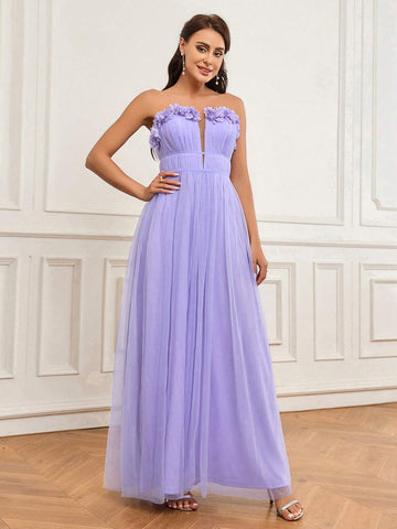 Elegant And Romantic Purple Embroidered 3D Floral Mesh Strapless Neckline And Pleated Flowing Tulle Hem Dress Suitable For Wedding Holiday Gift Holiday Party Ramadan Graduation Season Adult Bridesmaid Dress