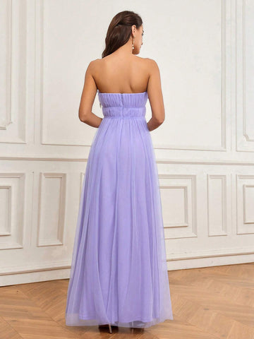 Elegant And Romantic Purple Embroidered 3D Floral Mesh Strapless Neckline And Pleated Flowing Tulle Hem Dress Suitable For Wedding Holiday Gift Holiday Party Ramadan Graduation Season Adult Bridesmaid Dress