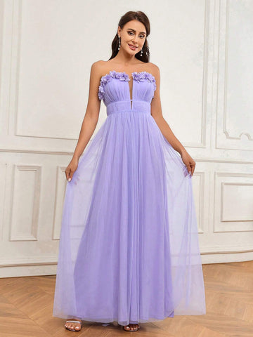 Elegant And Romantic Purple Embroidered 3D Floral Mesh Strapless Neckline And Pleated Flowing Tulle Hem Dress Suitable For Wedding Holiday Gift Holiday Party Ramadan Graduation Season Adult Bridesmaid Dress