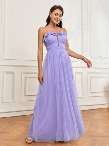 Elegant And Romantic Purple Embroidered 3D Floral Mesh Strapless Neckline And Pleated Flowing Tulle Hem Dress Suitable For Wedding Holiday Gift Holiday Party Ramadan Graduation Season Adult Bridesmaid Dress