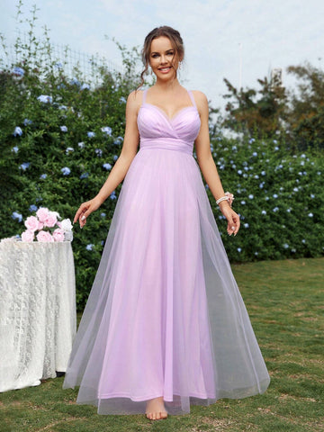 Elegant And Romantic Purple Women's Shoulder Strap Backless Style Mesh Back-Strap A-Line Dress Suitable For Parties, Weddings, Festivals, Vacations, Graduation Seasons, Adult Bridesmaid Dresses