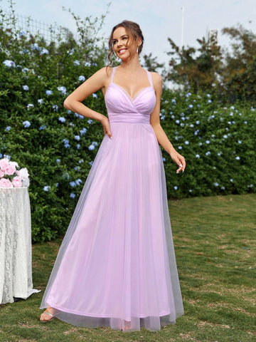 Elegant And Romantic Purple Women's Shoulder Strap Backless Style Mesh Back-Strap A-Line Dress Suitable For Parties, Weddings, Festivals, Vacations, Graduation Seasons, Adult Bridesmaid Dresses